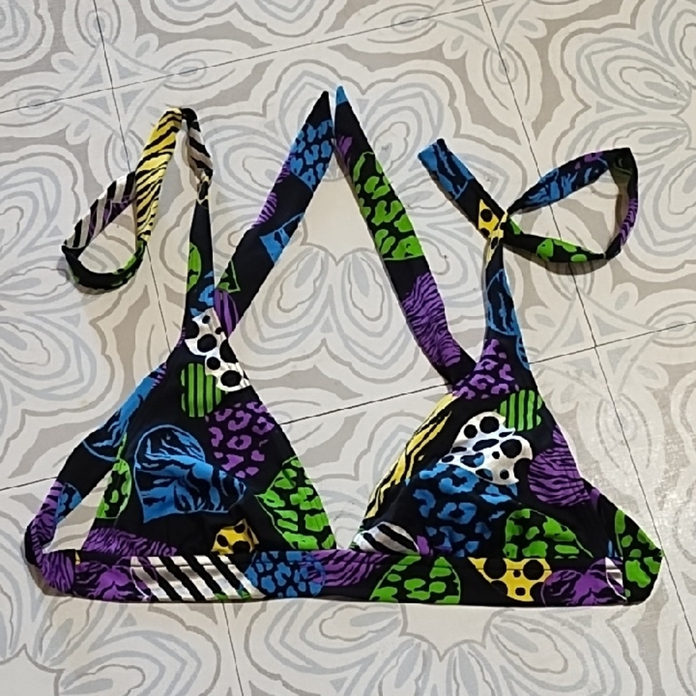 Colorful Floral Leaf Plant Print Bikini Top Strappy Tie Sz L Black Neon